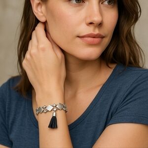 Marlyn Schiff Silver Geometric Bracelet with Black Leather Tassel